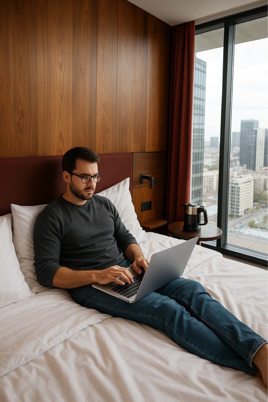 Person arbeitet entspannt am Laptop im Apartment